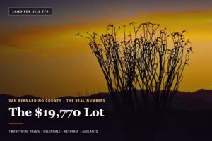 High desert landscape at sunset near Twentynine Palms, San Bernardino County, California — affordable vacant land for sale at $19,770