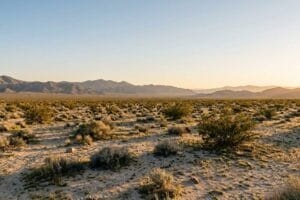 Open Mojave High Desert flats with low scrub and distant bare ridges in warm late afternoon light, San Bernardino County