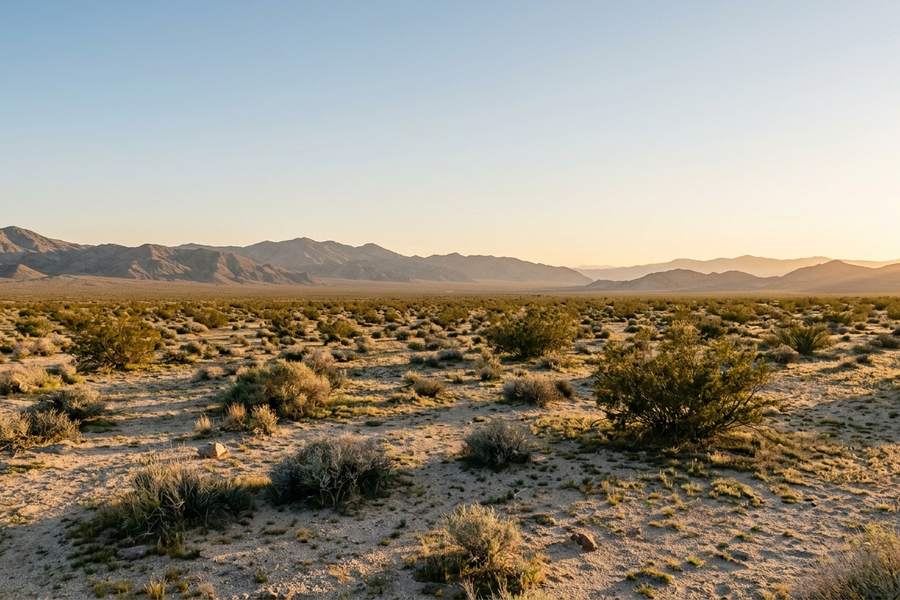 Open Mojave High Desert flats with low scrub and distant bare ridges in warm late afternoon light, San Bernardino County