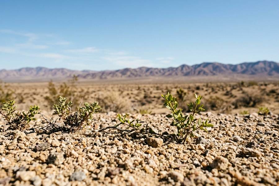 Small desert shrubs on coarse gravel in the foreground with open Mojave scrubland and bare mountains under a blue sky in San Bernardino County