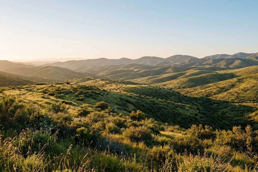 Rolling green-gold hills covered in sage scrub at golden hour in western Riverside County