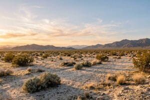 Open Mojave High Desert scrubland with layered bare ridges on the horizon at golden hour in San Bernardino County