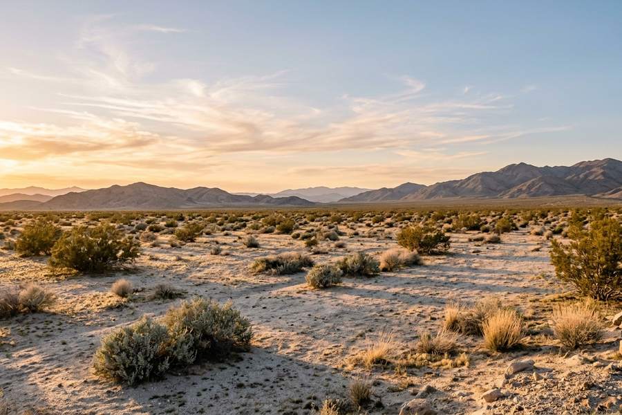 Open Mojave High Desert scrubland with layered bare ridges on the horizon at golden hour in San Bernardino County