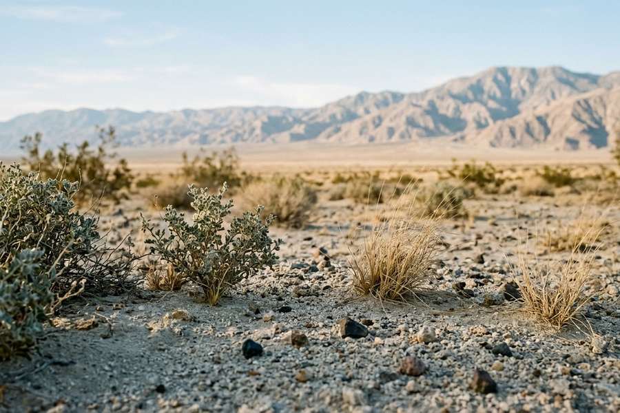 Open desert valley floor with low scrub and dry grass in the foreground and a long rocky range across the horizon in the Coachella Valley