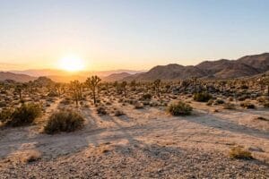 Open Mojave desert with Joshua trees and granite boulders under a golden sunrise over bare ridges near Twentynine Palms, California