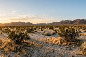 Open Mojave High Desert land in San Bernardino County at sunset, with scattered desert shrubs and dry grass on pale sand and bare mountain ridges along the horizon