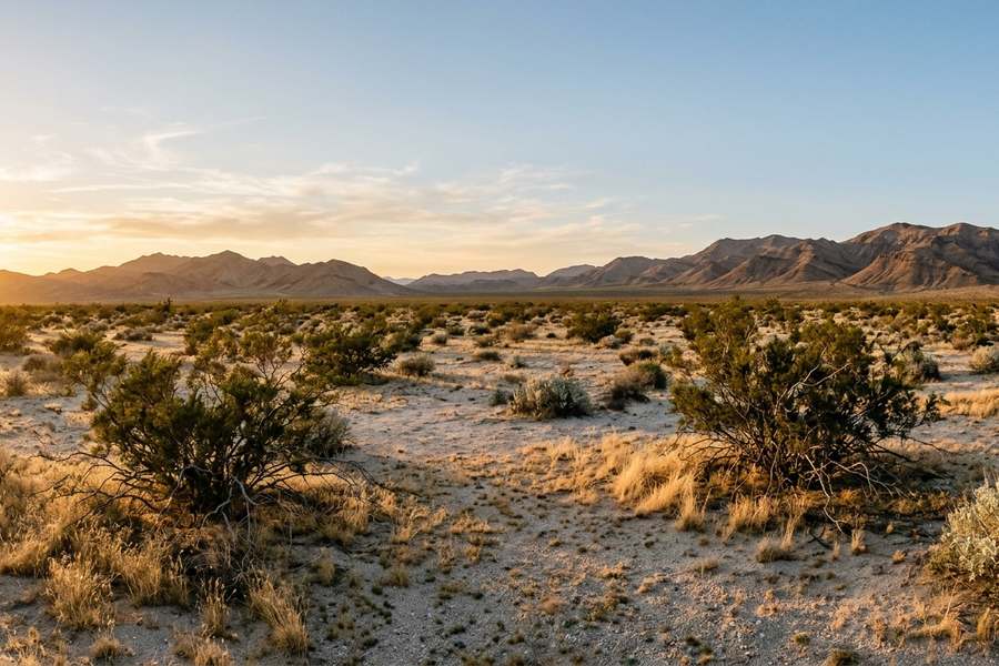 Open Mojave High Desert land in San Bernardino County at sunset, with scattered desert shrubs and dry grass on pale sand and bare mountain ridges along the horizon