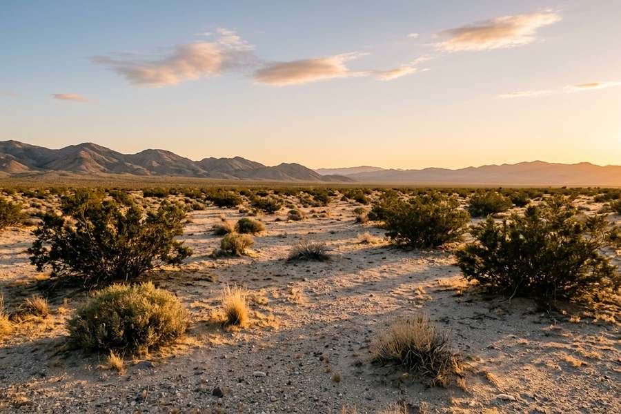 Open Mojave desert at golden hour, with scattered creosote bushes and dry grass on pale sand below bare mountain ridges